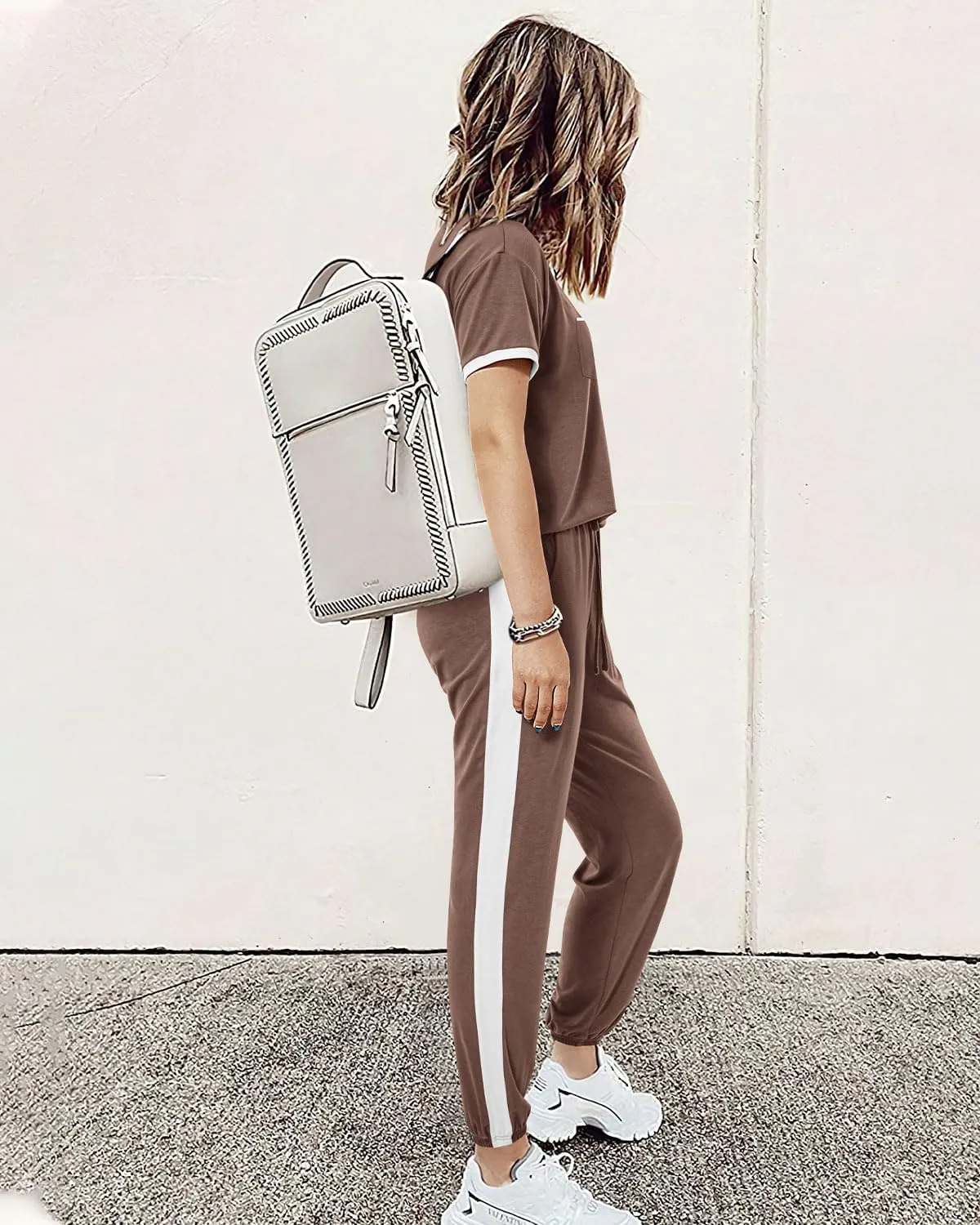 Amkoyam Women's Two Piece Outfits 2025 Summer Short Sleeve Tops With Drawstring Long Pants Tracksuit Jogger Lounge Set