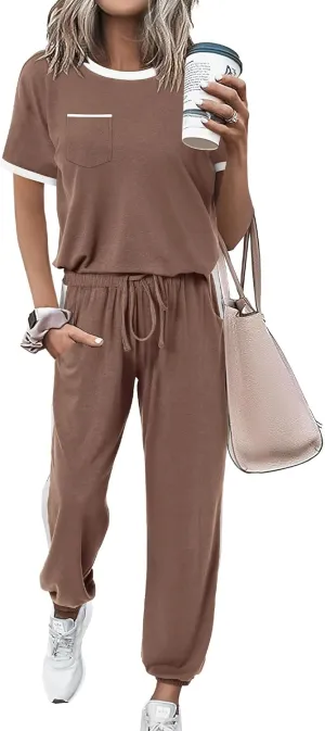 Amkoyam Women's Two Piece Outfits 2025 Summer Short Sleeve Tops With Drawstring Long Pants Tracksuit Jogger Lounge Set