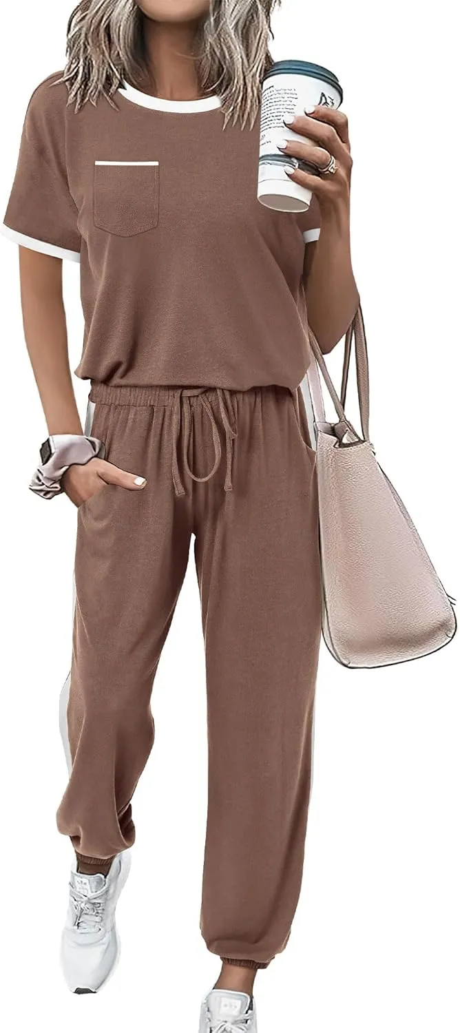 Amkoyam Women's Two Piece Outfits 2025 Summer Short Sleeve Tops With Drawstring Long Pants Tracksuit Jogger Lounge Set