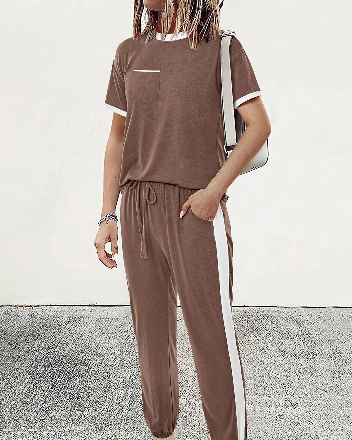Amkoyam Women's Two Piece Outfits 2025 Summer Short Sleeve Tops With Drawstring Long Pants Tracksuit Jogger Lounge Set