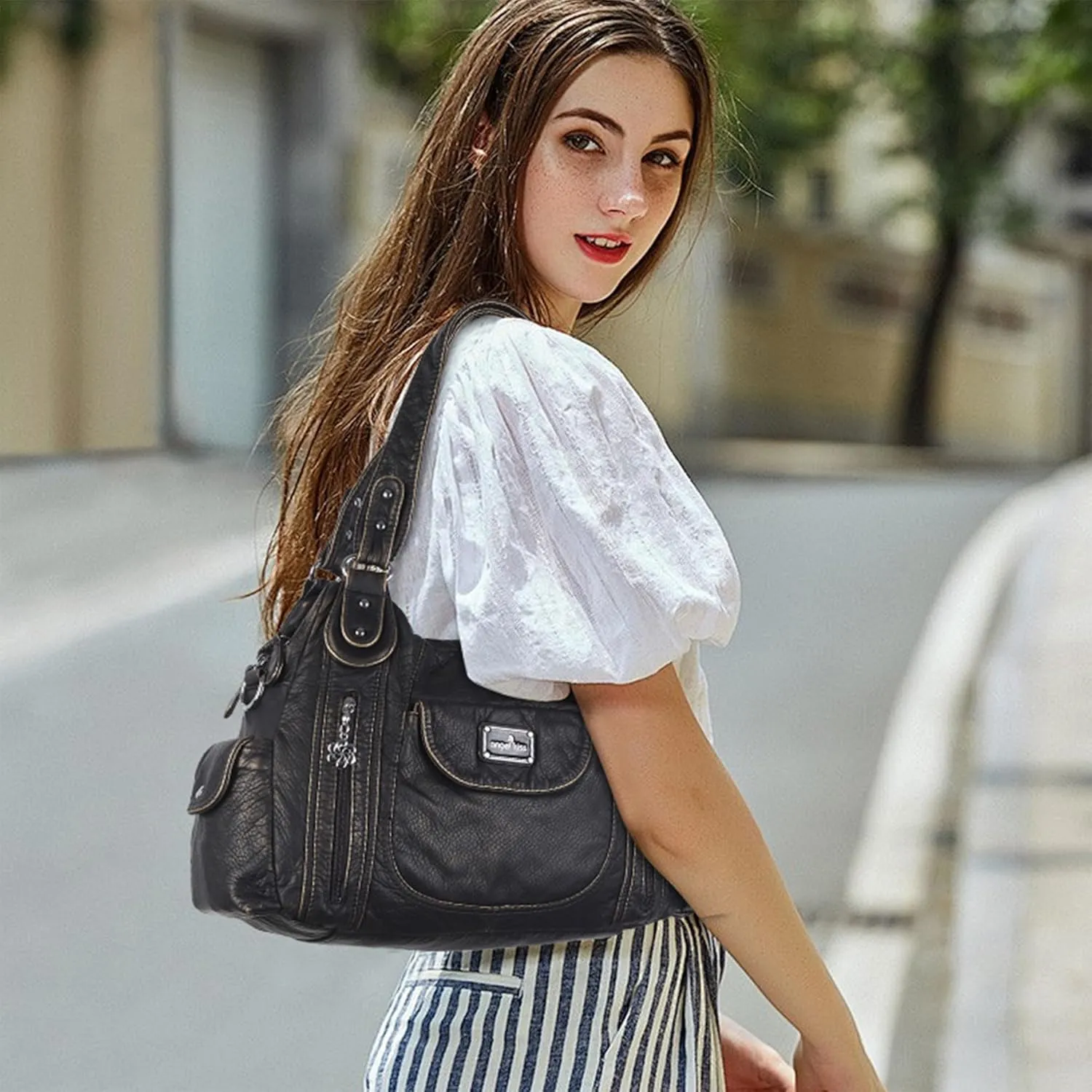Angel Kiss Purses for Women, Large Shoulder Bag Hobo Tote Purse Mutipocket Faux Leather Satchel Hobo Purse
