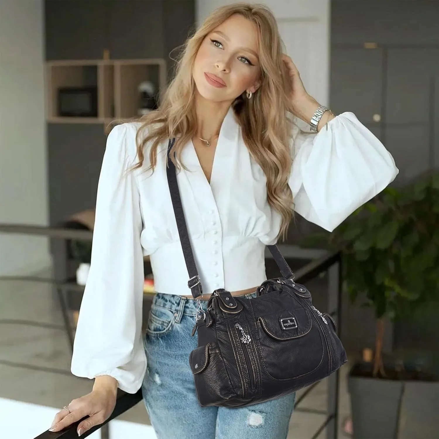 Angel Kiss Purses for Women, Large Shoulder Bag Hobo Tote Purse Mutipocket Faux Leather Satchel Hobo Purse