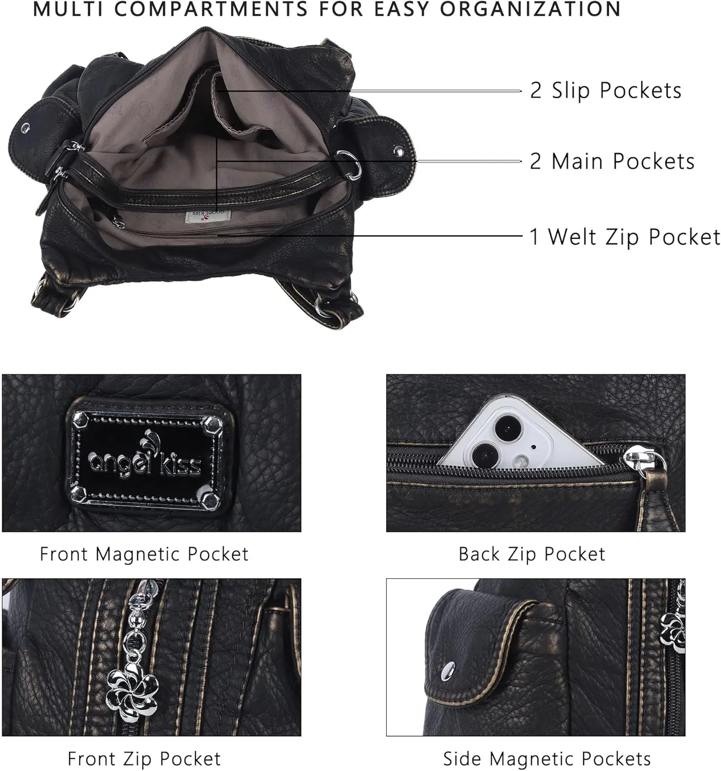 Angel Kiss Purses for Women, Large Shoulder Bag Hobo Tote Purse Mutipocket Faux Leather Satchel Hobo Purse