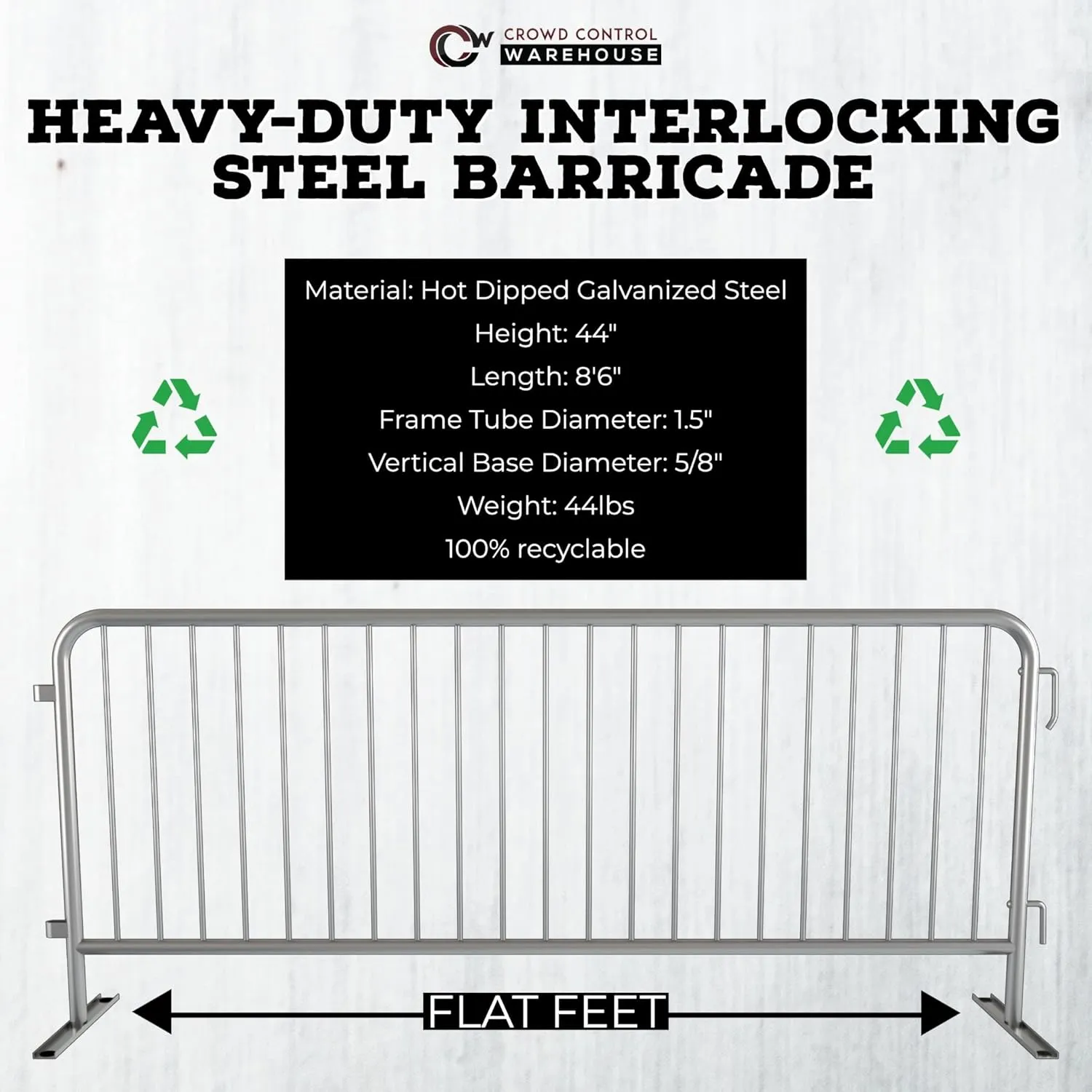 Angry Bull Barricades Barricade in a Box 2.0 - Heavy Duty Interlocking Steel Barricade, 8.5 Ft. (Hot Dipped Galvanized, Flat feet)