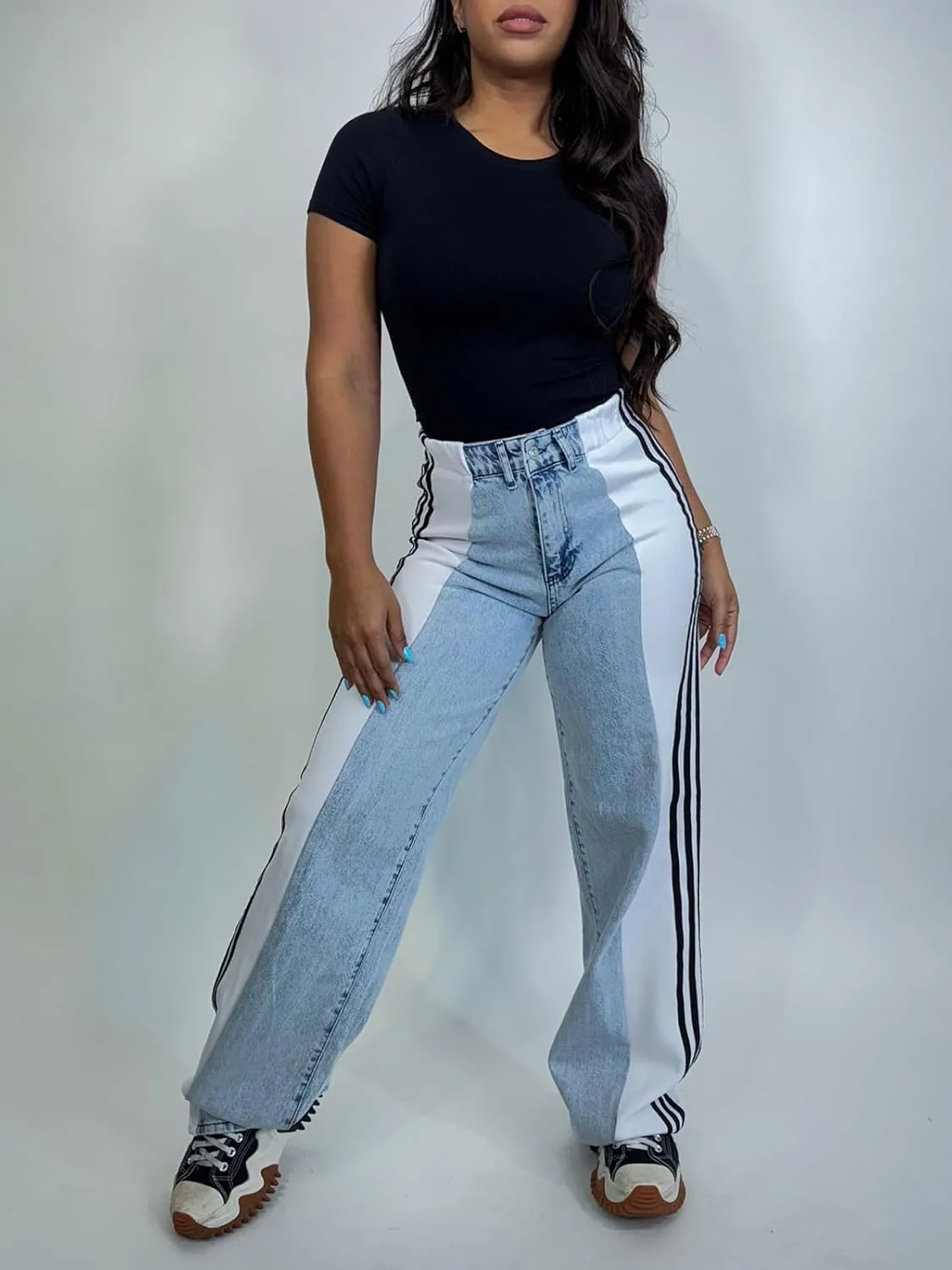 Angsuttc Womens Jeans with Patchwork Stripes High Waisted Stretchy Denim Color Block Straight Wide Leg Trendy Jean