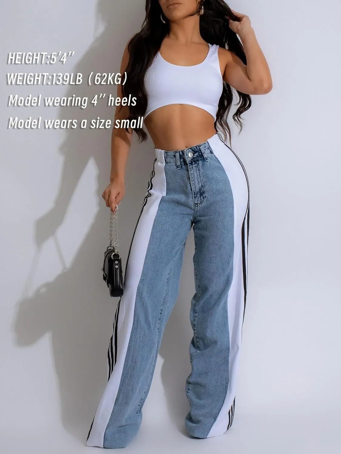 Angsuttc Womens Jeans with Patchwork Stripes High Waisted Stretchy Denim Color Block Straight Wide Leg Trendy Jean