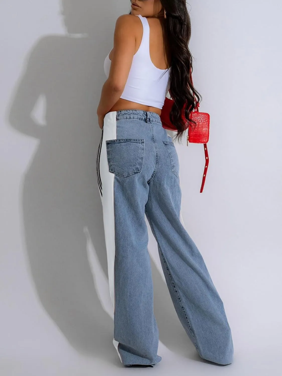 Angsuttc Womens Jeans with Patchwork Stripes High Waisted Stretchy Denim Color Block Straight Wide Leg Trendy Jean