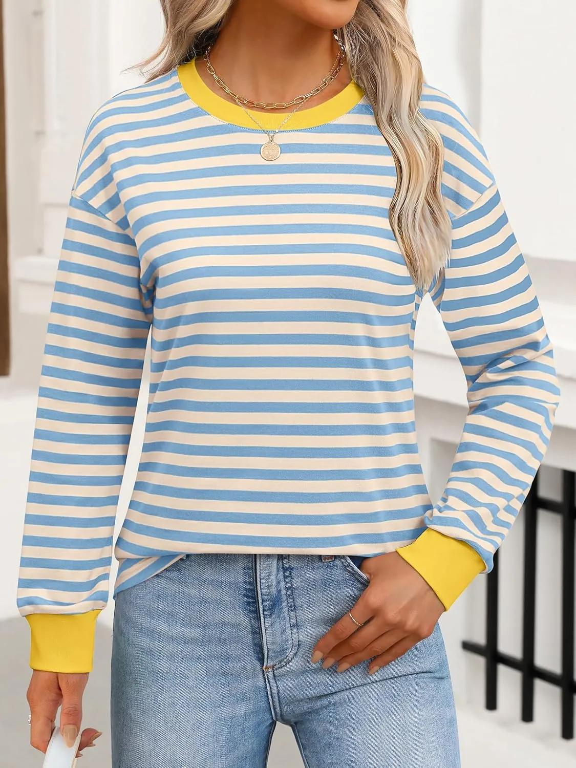ANRABESS Long Sleeve Shirts for Women Striped Crewneck Loose Fit Tunic Tops 2024 Fall Color Block T-Shirt