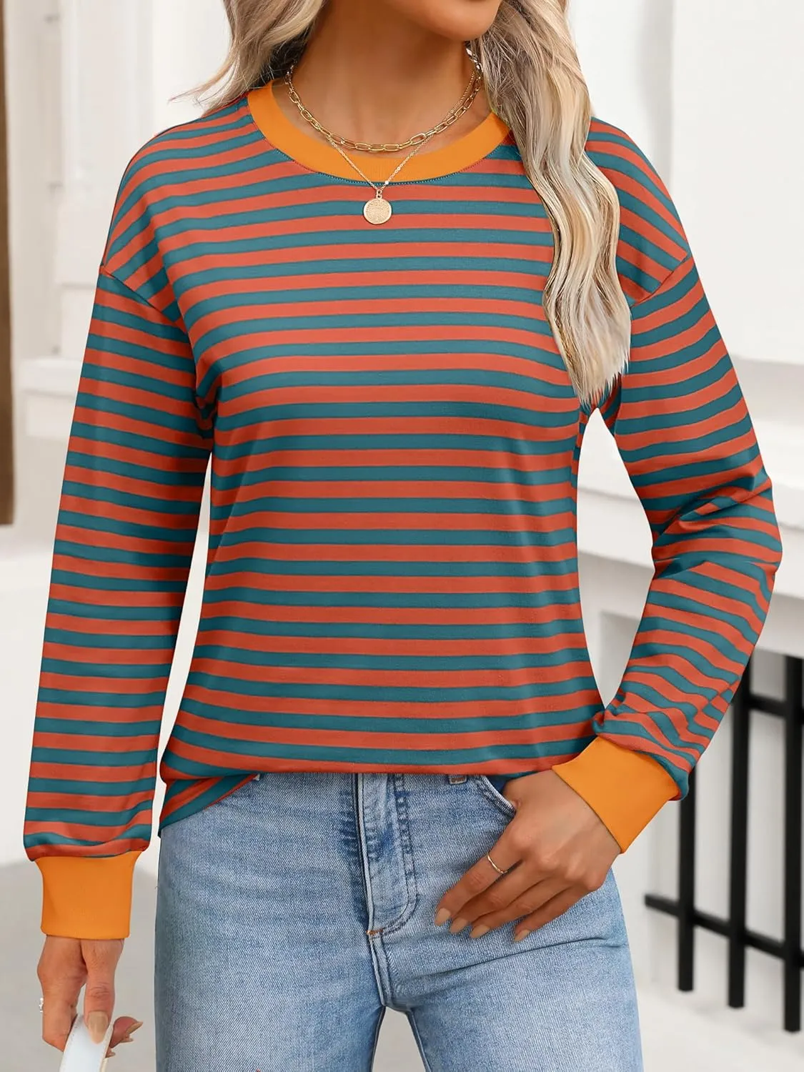 ANRABESS Long Sleeve Shirts for Women Striped Crewneck Loose Fit Tunic Tops 2024 Fall Color Block T-Shirt