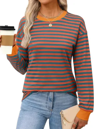 ANRABESS Long Sleeve Shirts for Women Striped Crewneck Loose Fit Tunic Tops 2024 Fall Color Block T-Shirt