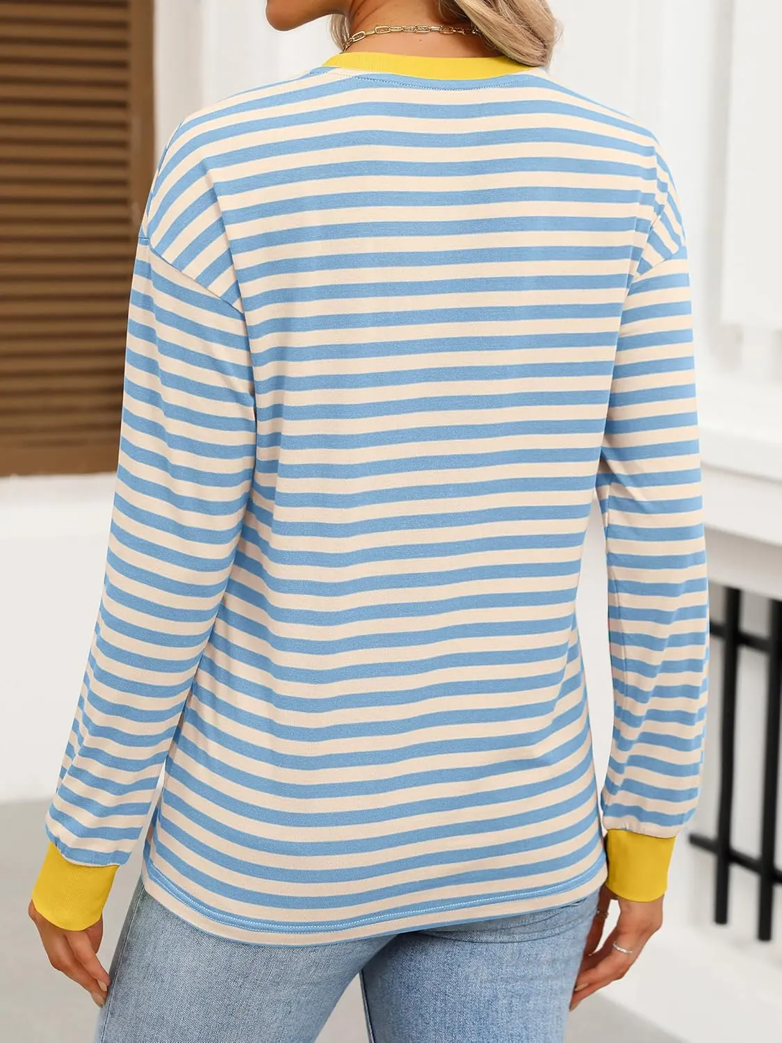 ANRABESS Long Sleeve Shirts for Women Striped Crewneck Loose Fit Tunic Tops 2024 Fall Color Block T-Shirt