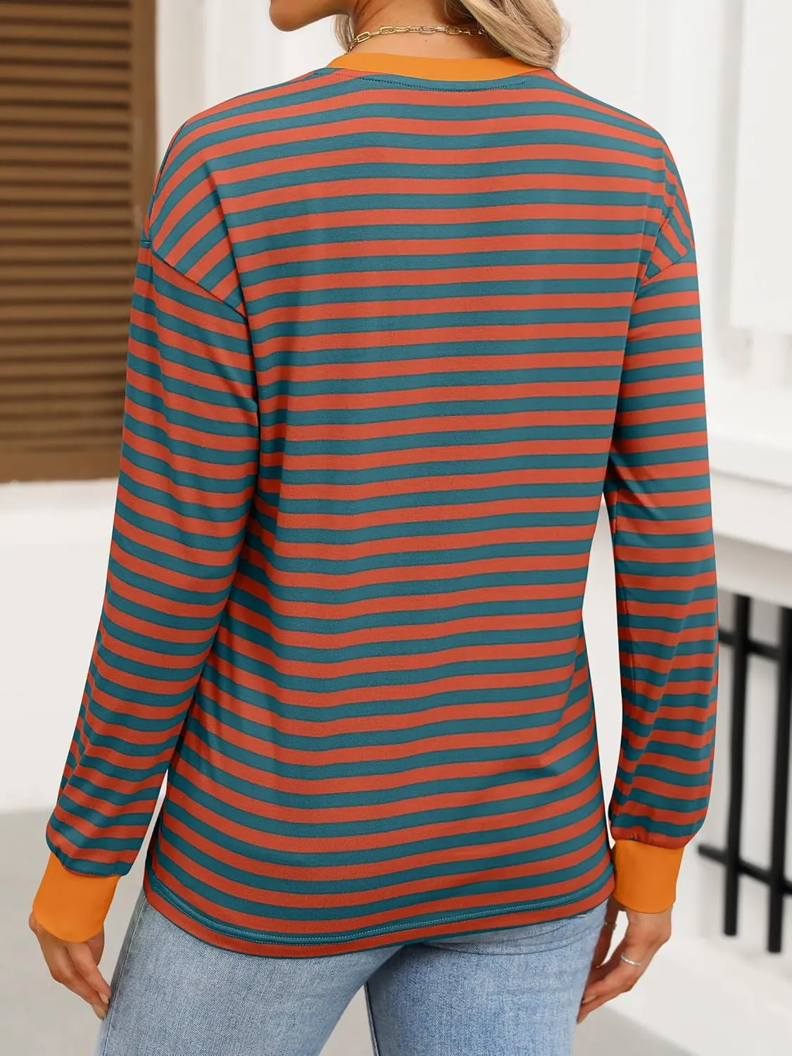 ANRABESS Long Sleeve Shirts for Women Striped Crewneck Loose Fit Tunic Tops 2024 Fall Color Block T-Shirt