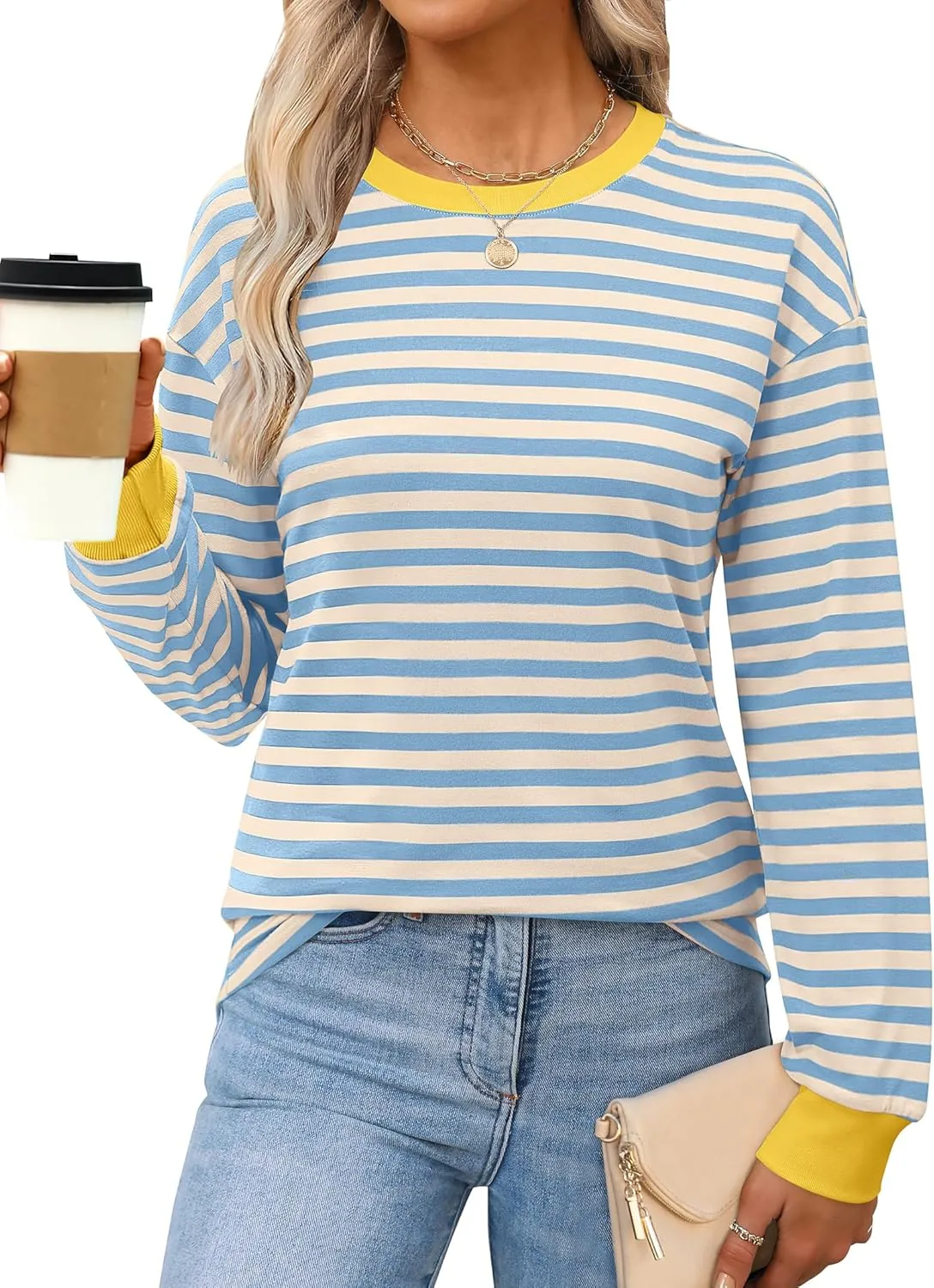 ANRABESS Long Sleeve Shirts for Women Striped Crewneck Loose Fit Tunic Tops 2024 Fall Color Block T-Shirt
