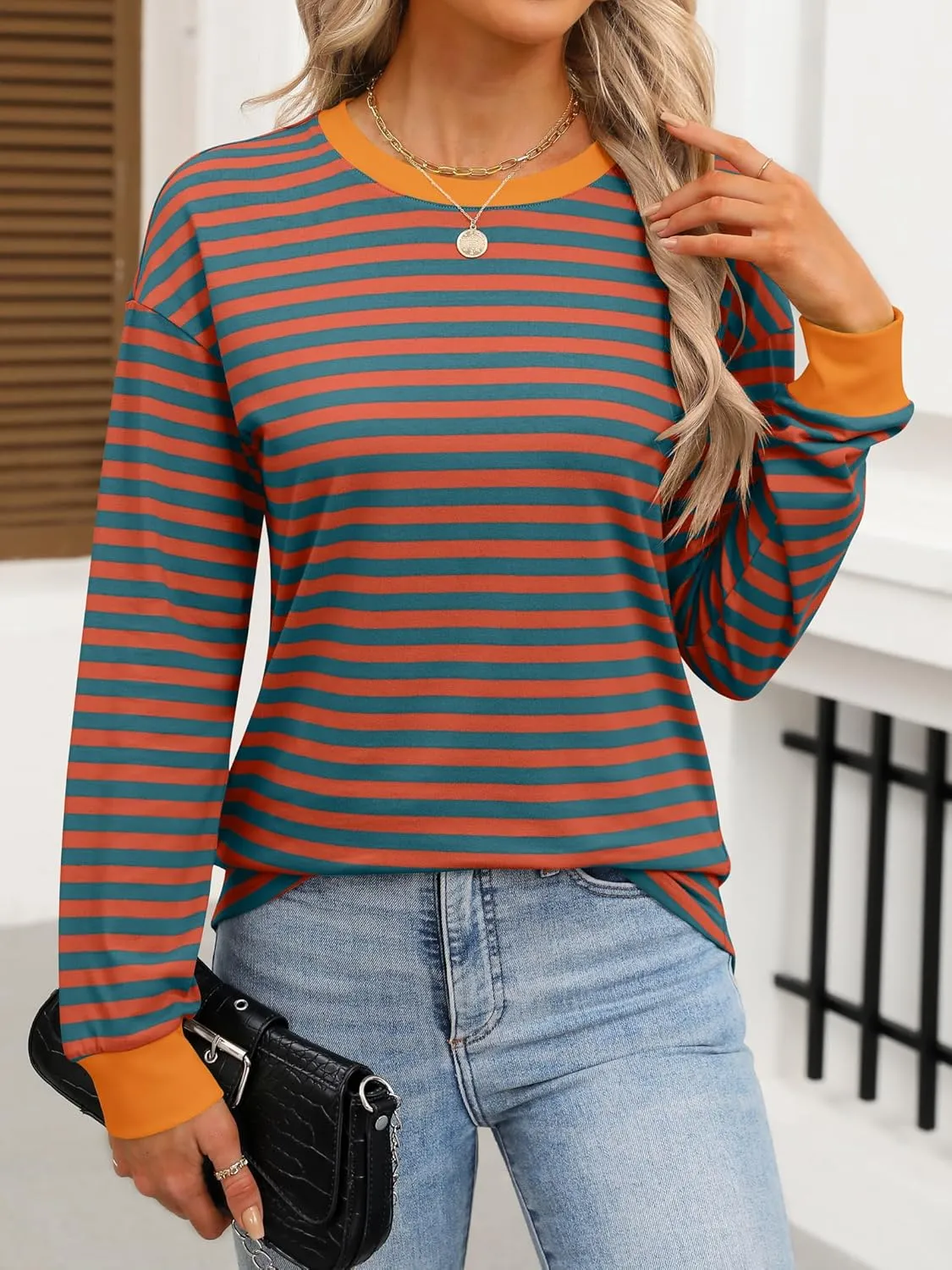ANRABESS Long Sleeve Shirts for Women Striped Crewneck Loose Fit Tunic Tops 2024 Fall Color Block T-Shirt