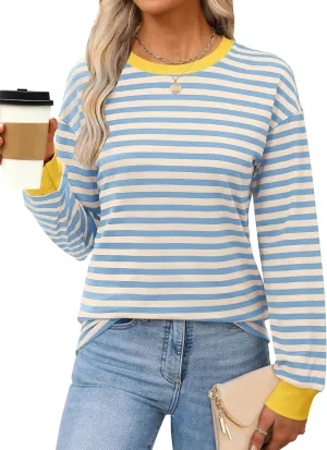 ANRABESS Long Sleeve Shirts for Women Striped Crewneck Loose Fit Tunic Tops 2024 Fall Color Block T-Shirt