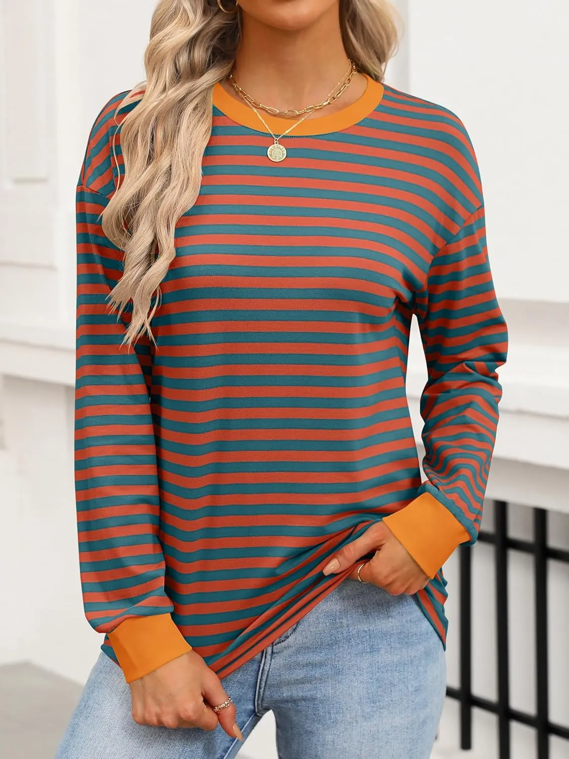 ANRABESS Long Sleeve Shirts for Women Striped Crewneck Loose Fit Tunic Tops 2024 Fall Color Block T-Shirt