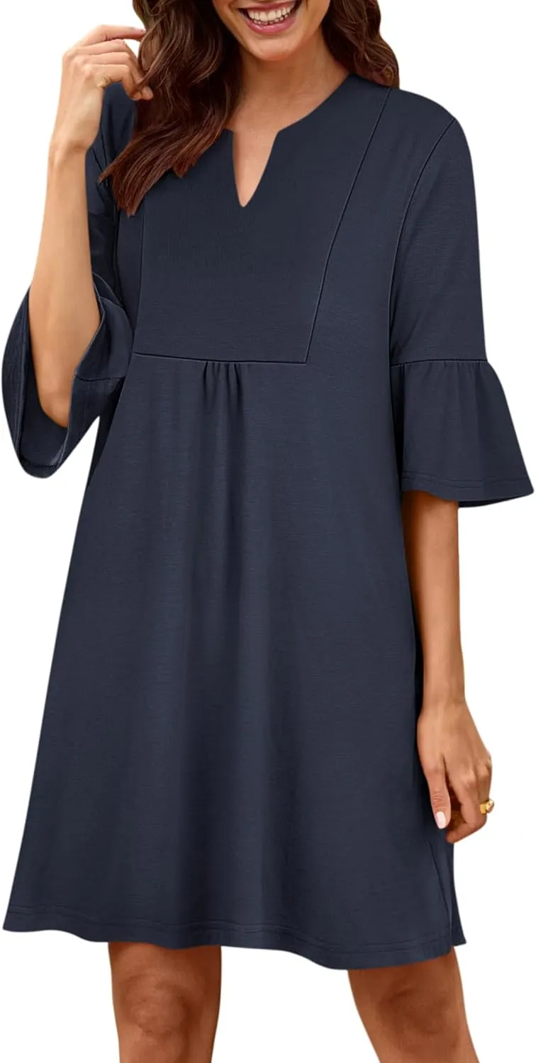 ANRABESS Women Mini Dress Summer V Neck Ruffle Short Sleeve Shift Casual Tunic Dresses 2025 Loose Beach Vacation Outfits