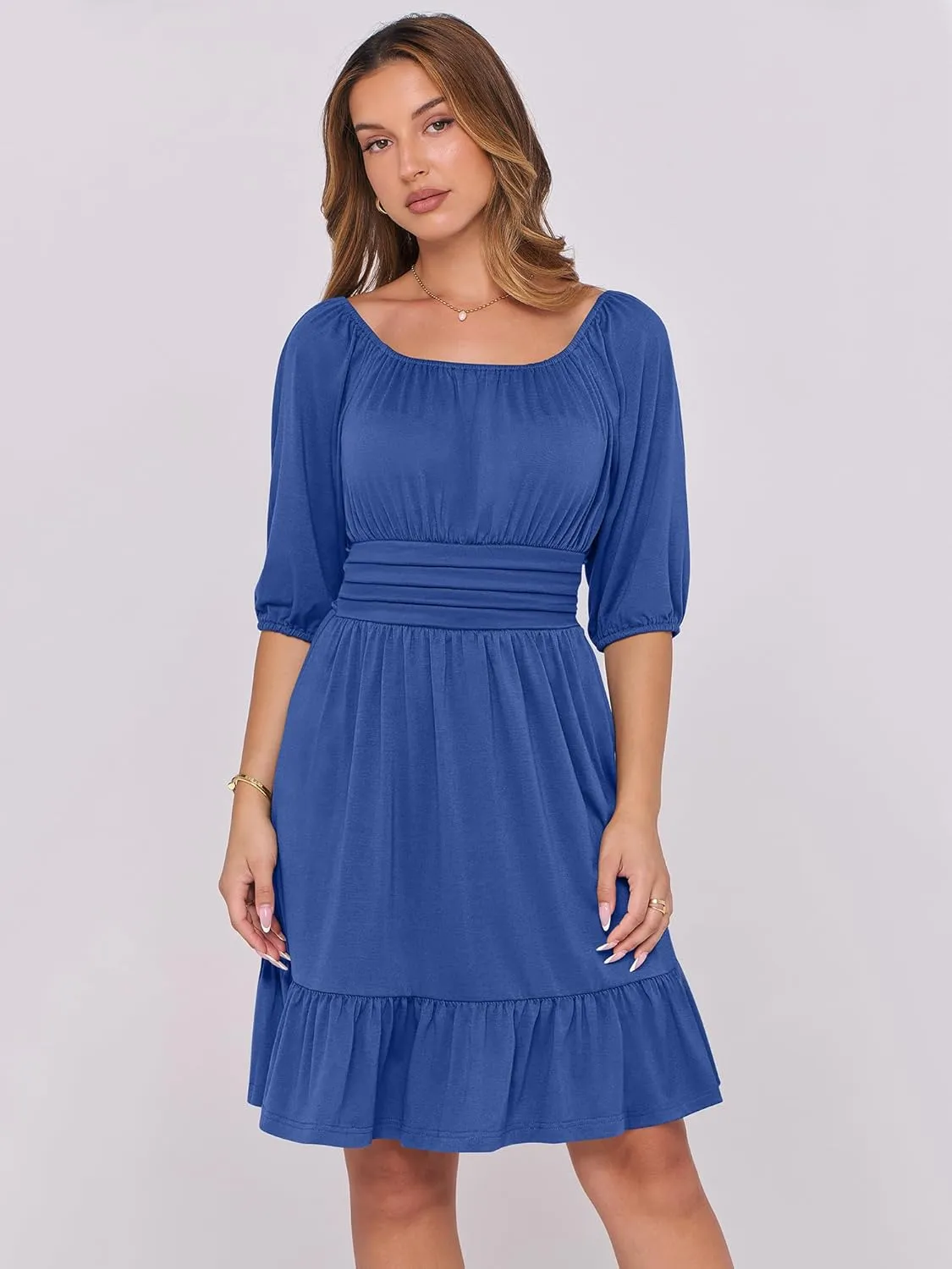 ANRABESS Women Summer Casual Short Lantern Sleeve Square Neck A-Line Flowy Boho Mini Dress 2025 Trendy Beach Travel Clothes