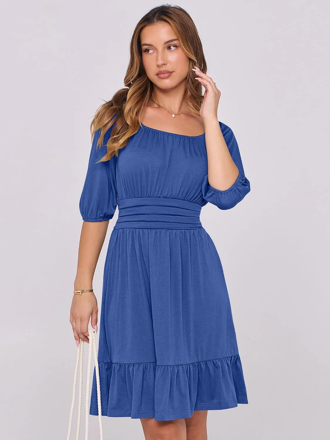 ANRABESS Women Summer Casual Short Lantern Sleeve Square Neck A-Line Flowy Boho Mini Dress 2025 Trendy Beach Travel Clothes