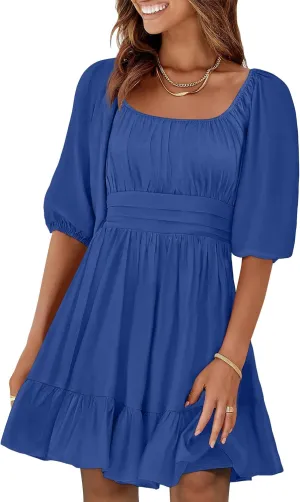 ANRABESS Women Summer Casual Short Lantern Sleeve Square Neck A-Line Flowy Boho Mini Dress 2025 Trendy Beach Travel Clothes