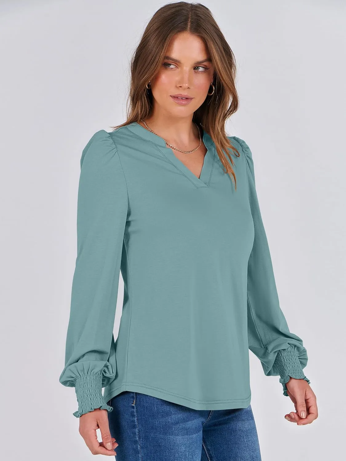 ANRABESS Women's Puff Long Sleeve Shirts V Neck Loose T-Shirts Dressy Casual Work Blouses 2024 Fall Tops Trendy Clothes
