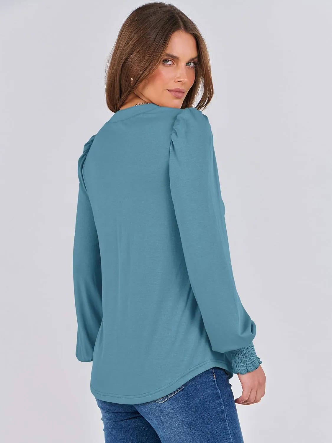 ANRABESS Women's Puff Long Sleeve Shirts V Neck Loose T-Shirts Dressy Casual Work Blouses 2024 Fall Tops Trendy Clothes
