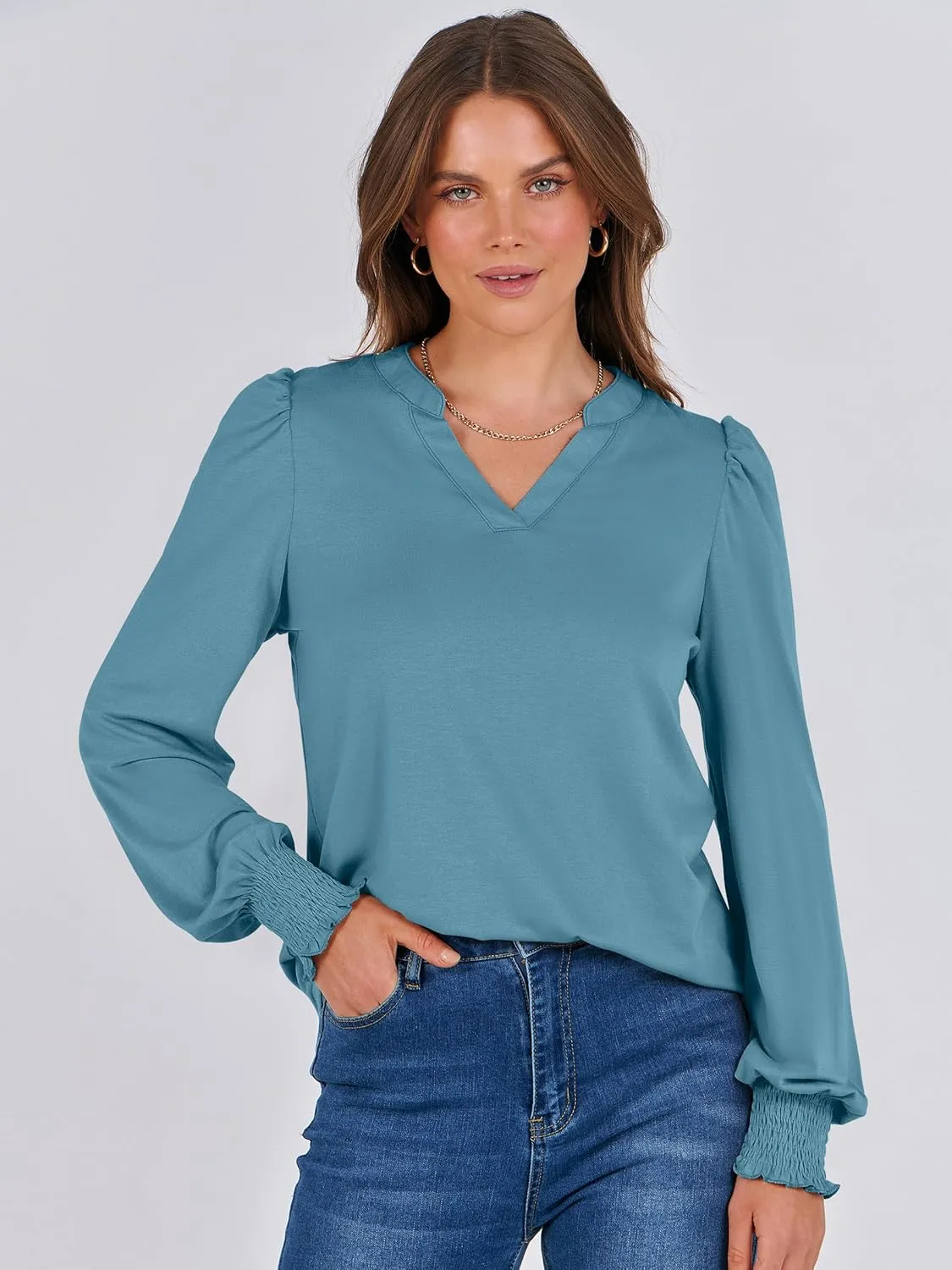 ANRABESS Women's Puff Long Sleeve Shirts V Neck Loose T-Shirts Dressy Casual Work Blouses 2024 Fall Tops Trendy Clothes