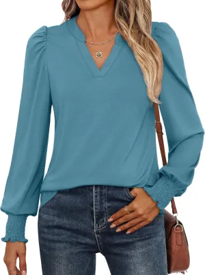 ANRABESS Women's Puff Long Sleeve Shirts V Neck Loose T-Shirts Dressy Casual Work Blouses 2024 Fall Tops Trendy Clothes