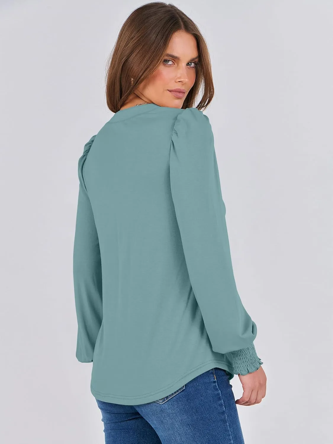 ANRABESS Women's Puff Long Sleeve Shirts V Neck Loose T-Shirts Dressy Casual Work Blouses 2024 Fall Tops Trendy Clothes