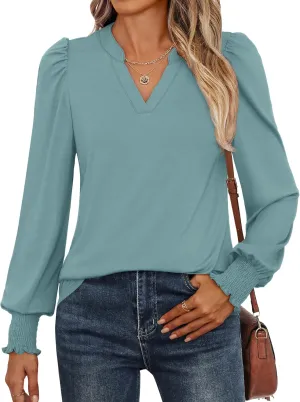 ANRABESS Women's Puff Long Sleeve Shirts V Neck Loose T-Shirts Dressy Casual Work Blouses 2024 Fall Tops Trendy Clothes