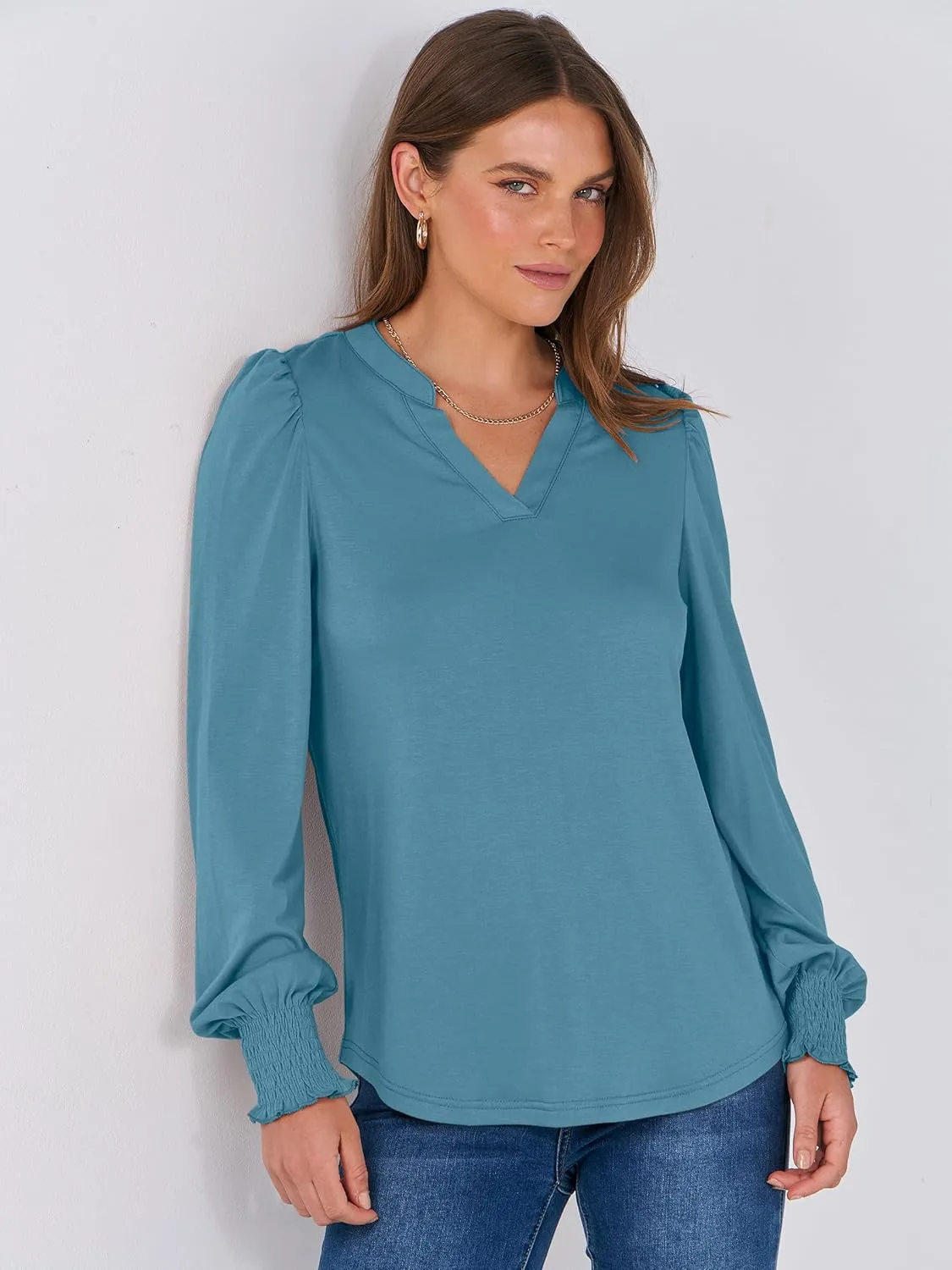 ANRABESS Women's Puff Long Sleeve Shirts V Neck Loose T-Shirts Dressy Casual Work Blouses 2024 Fall Tops Trendy Clothes