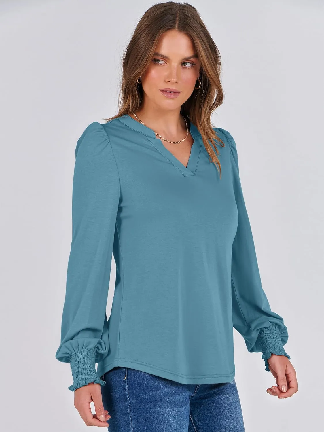 ANRABESS Women's Puff Long Sleeve Shirts V Neck Loose T-Shirts Dressy Casual Work Blouses 2024 Fall Tops Trendy Clothes