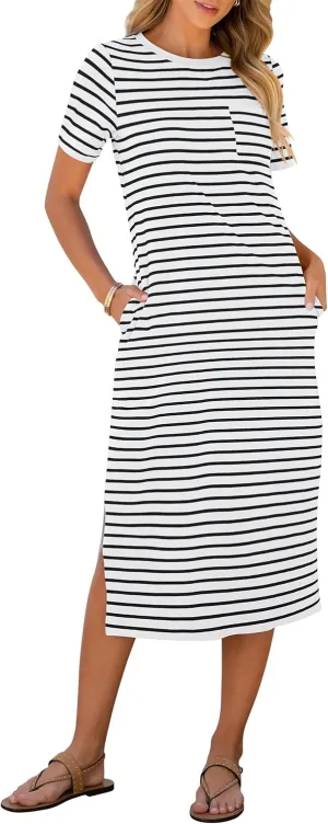 ANRABESS Womens Summer Casual Midi Dress Short Sleeve Crewneck T Shirt Long Dresses Split Stripe Beach Vacation Travel Outfit
