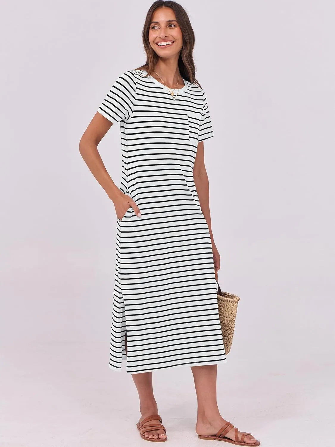ANRABESS Womens Summer Casual Midi Dress Short Sleeve Crewneck T Shirt Long Dresses Split Stripe Beach Vacation Travel Outfit