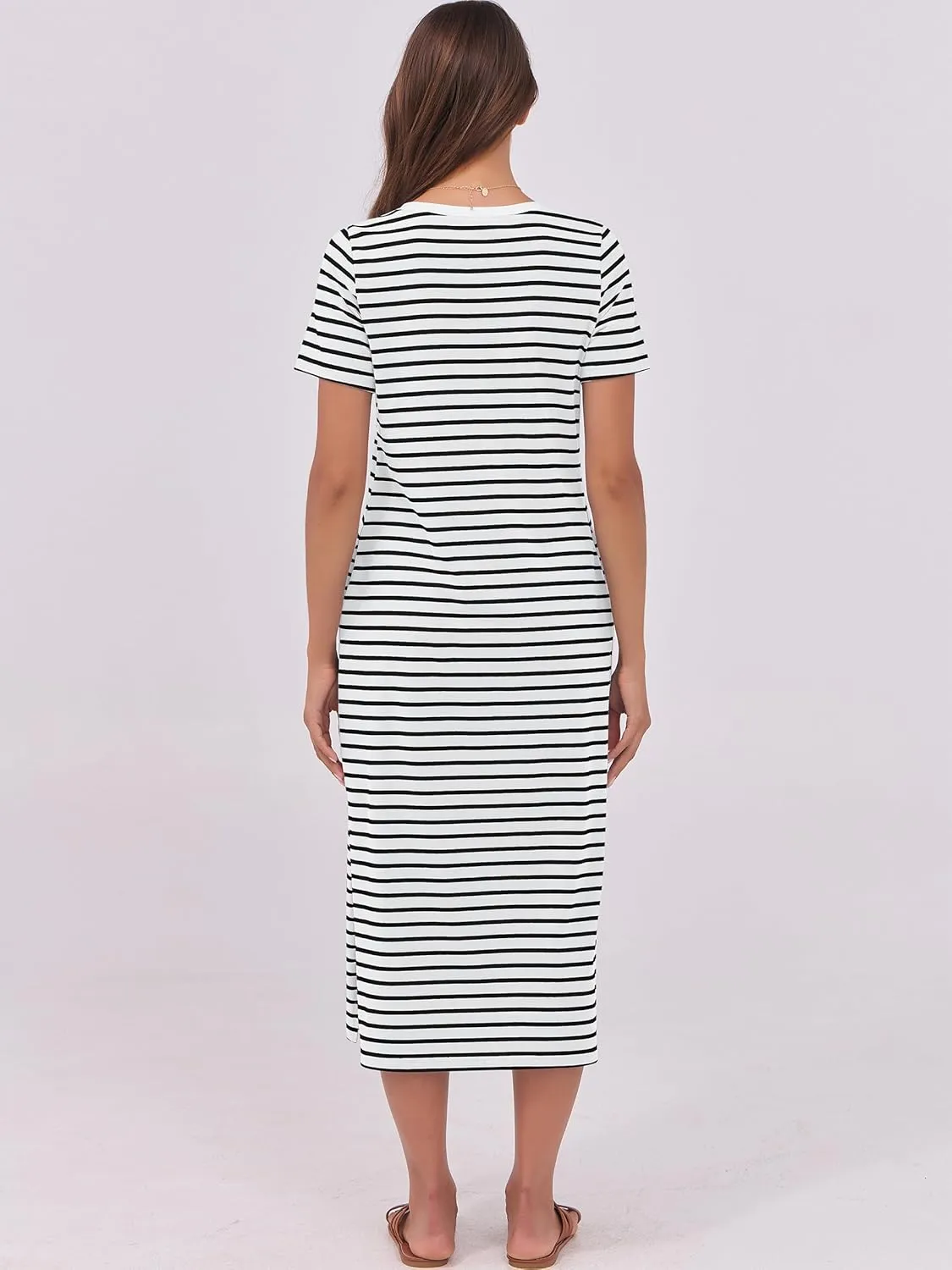 ANRABESS Womens Summer Casual Midi Dress Short Sleeve Crewneck T Shirt Long Dresses Split Stripe Beach Vacation Travel Outfit