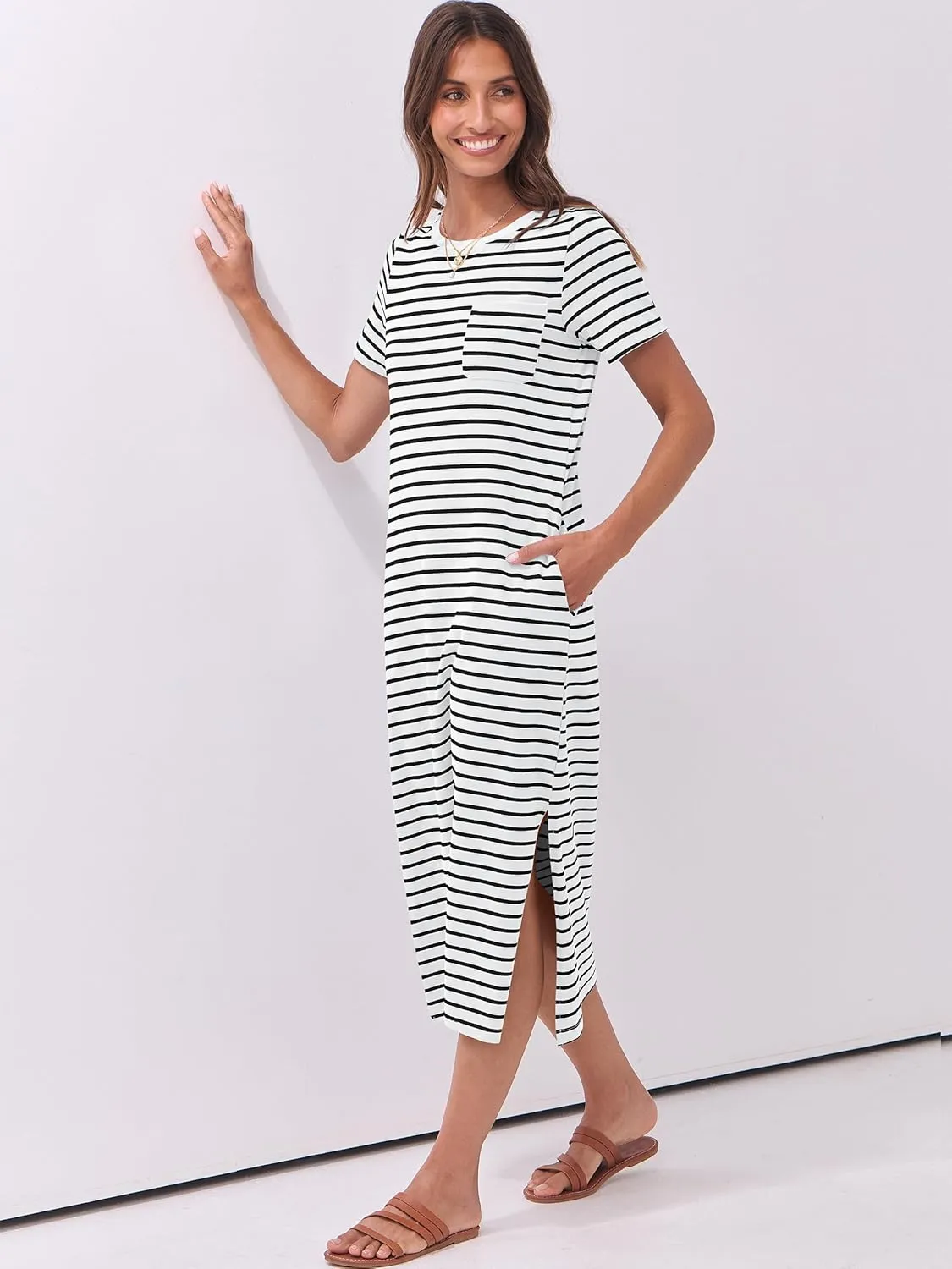 ANRABESS Womens Summer Casual Midi Dress Short Sleeve Crewneck T Shirt Long Dresses Split Stripe Beach Vacation Travel Outfit