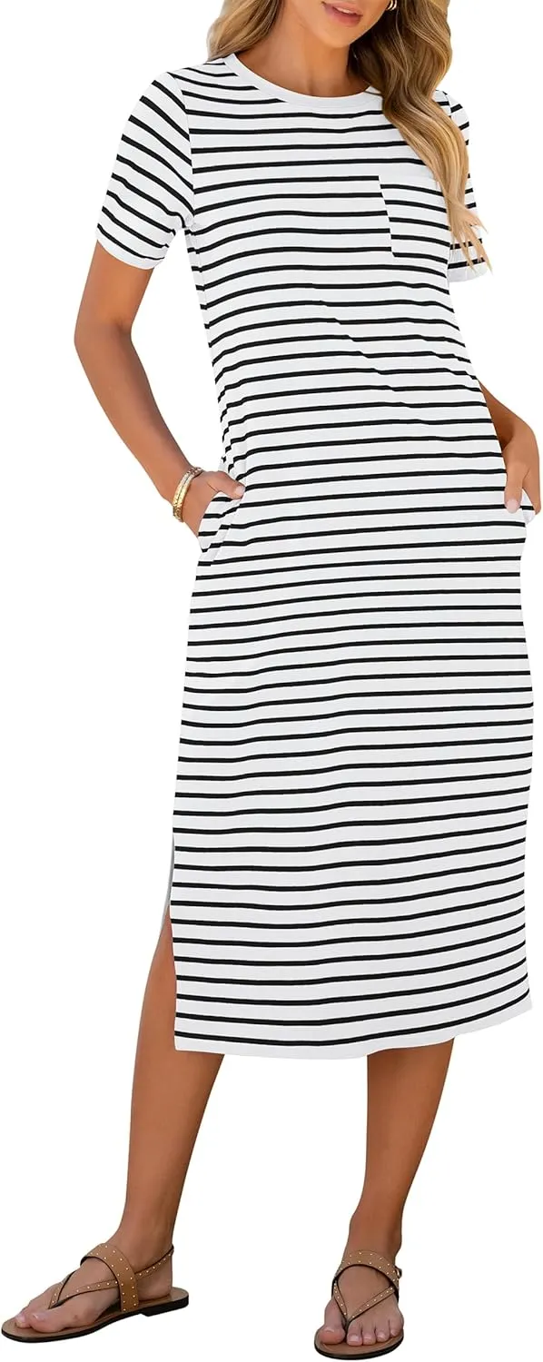 ANRABESS Womens Summer Casual Midi Dress Short Sleeve Crewneck T Shirt Long Dresses Split Stripe Beach Vacation Travel Outfit