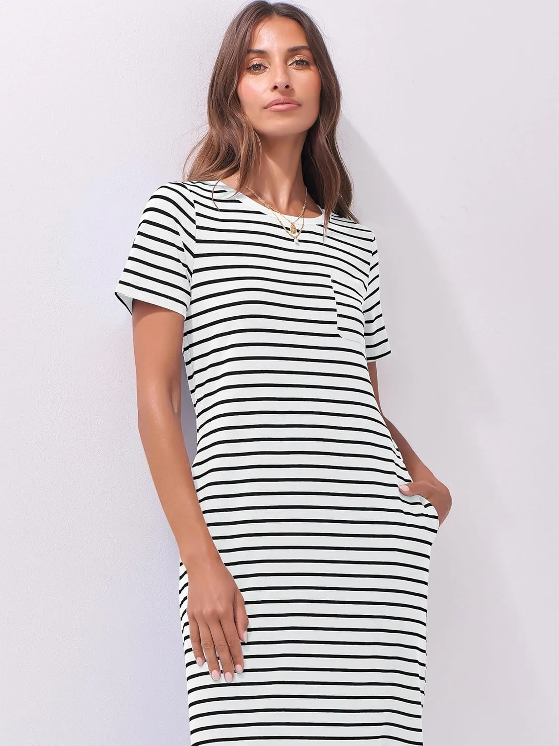 ANRABESS Womens Summer Casual Midi Dress Short Sleeve Crewneck T Shirt Long Dresses Split Stripe Beach Vacation Travel Outfit