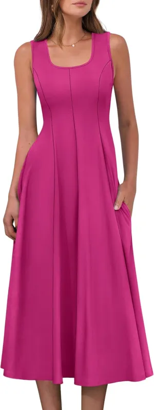 ANRABESS Womens Summer Casual Sleeveless Midi Dresses Scoop Neck Fit & Flare A-Line Flowy Long Sundress Beach Outfits