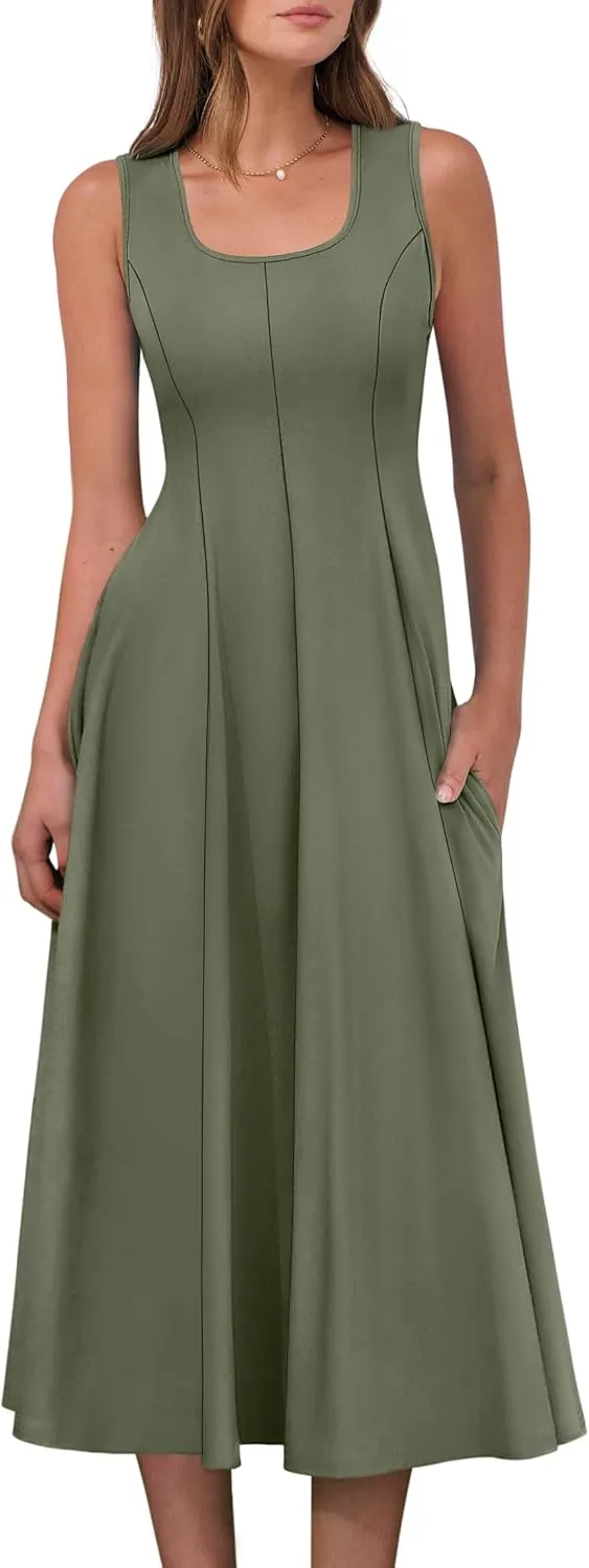 ANRABESS Womens Summer Casual Sleeveless Midi Dresses Scoop Neck Fit & Flare A-Line Flowy Long Sundress Beach Outfits