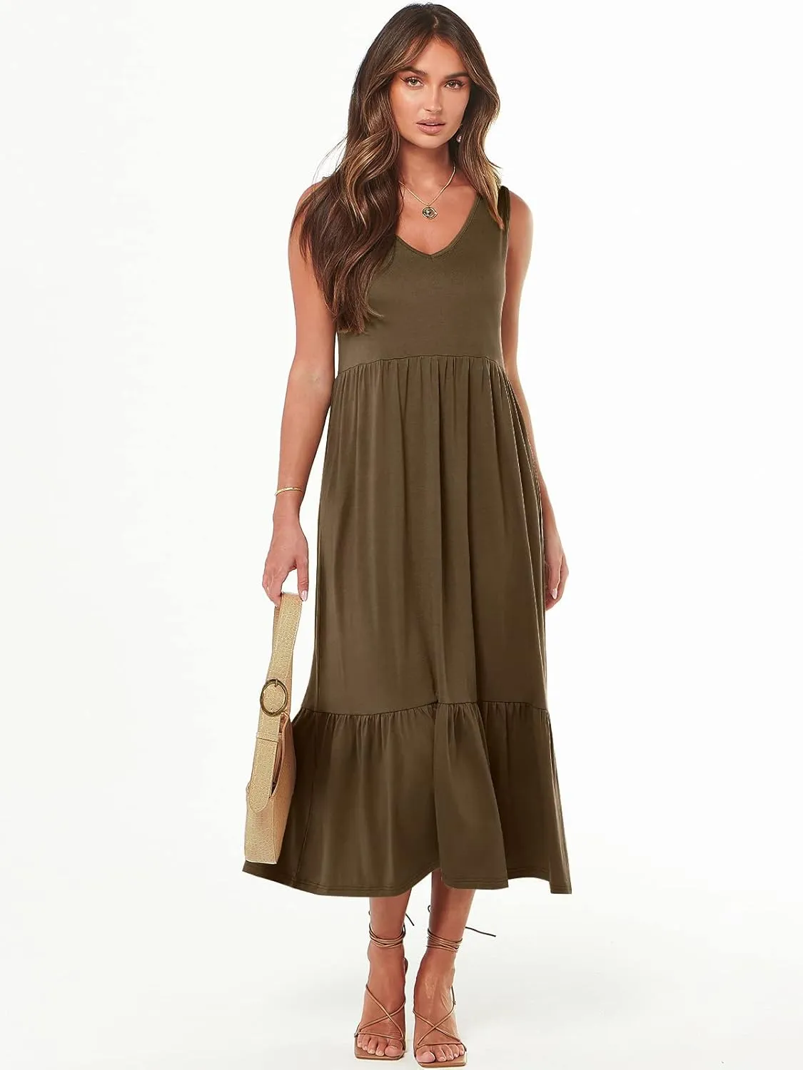 ANRABESS Womens Summer Maxi Dresses Fit & Flare Flowy V Neck Sleeveless Swing Casual Tiered Beach Sundress with Pockets