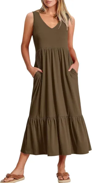 ANRABESS Womens Summer Maxi Dresses Fit & Flare Flowy V Neck Sleeveless Swing Casual Tiered Beach Sundress with Pockets