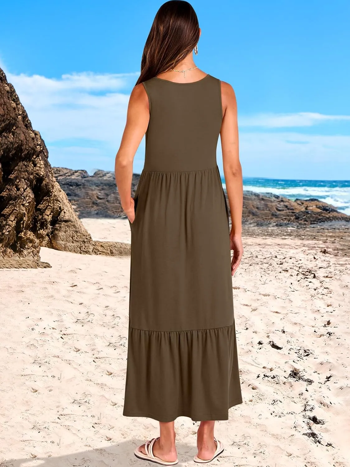 ANRABESS Womens Summer Maxi Dresses Fit & Flare Flowy V Neck Sleeveless Swing Casual Tiered Beach Sundress with Pockets