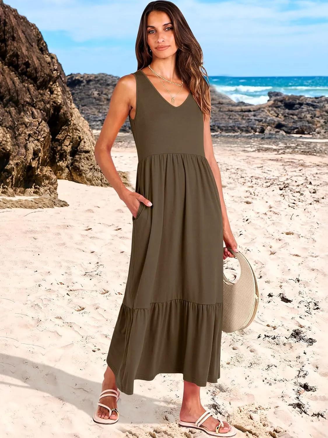 ANRABESS Womens Summer Maxi Dresses Fit & Flare Flowy V Neck Sleeveless Swing Casual Tiered Beach Sundress with Pockets
