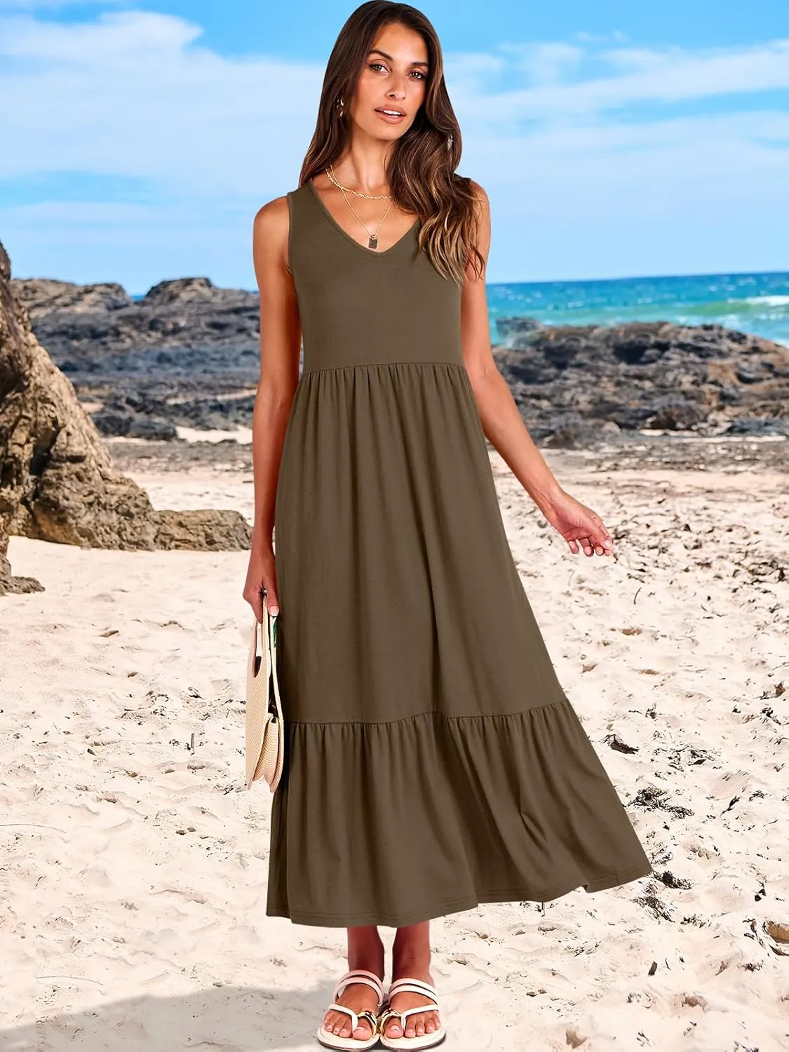 ANRABESS Womens Summer Maxi Dresses Fit & Flare Flowy V Neck Sleeveless Swing Casual Tiered Beach Sundress with Pockets