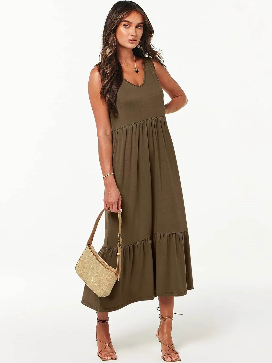 ANRABESS Womens Summer Maxi Dresses Fit & Flare Flowy V Neck Sleeveless Swing Casual Tiered Beach Sundress with Pockets