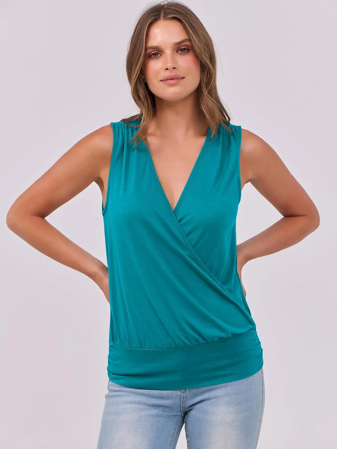 ANRABESS Womens V Neck Tank Tops Wrap Banded Hem Shirts Sleeveless Ruched Going Out Blouse 2025 Summer Fashion Clothing