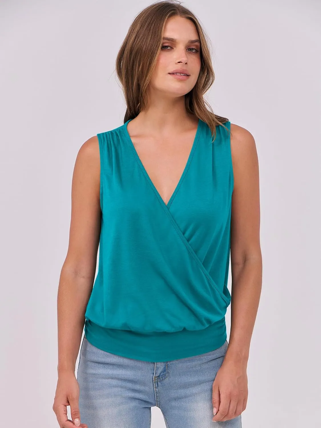 ANRABESS Womens V Neck Tank Tops Wrap Banded Hem Shirts Sleeveless Ruched Going Out Blouse 2025 Summer Fashion Clothing