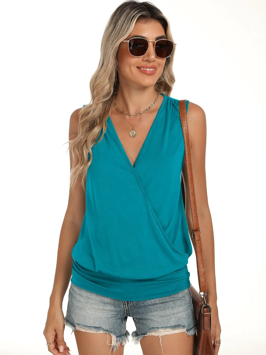 ANRABESS Womens V Neck Tank Tops Wrap Banded Hem Shirts Sleeveless Ruched Going Out Blouse 2025 Summer Fashion Clothing
