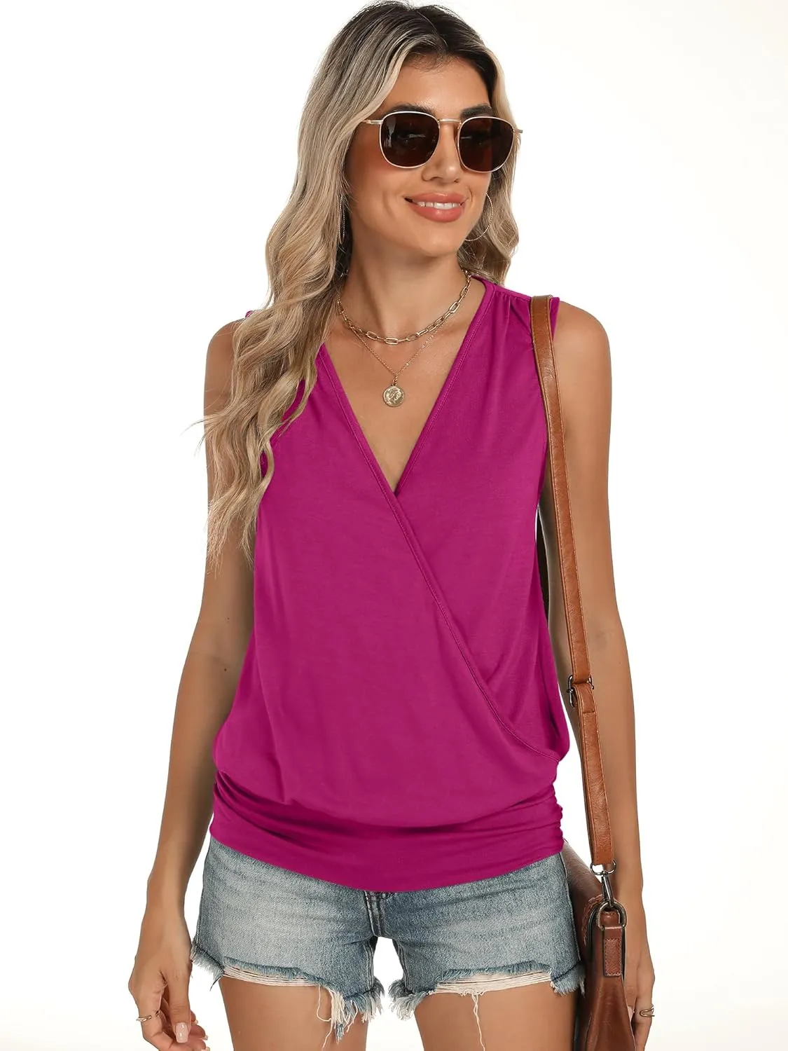 ANRABESS Womens V Neck Tank Tops Wrap Banded Hem Shirts Sleeveless Ruched Going Out Blouse 2025 Summer Fashion Clothing